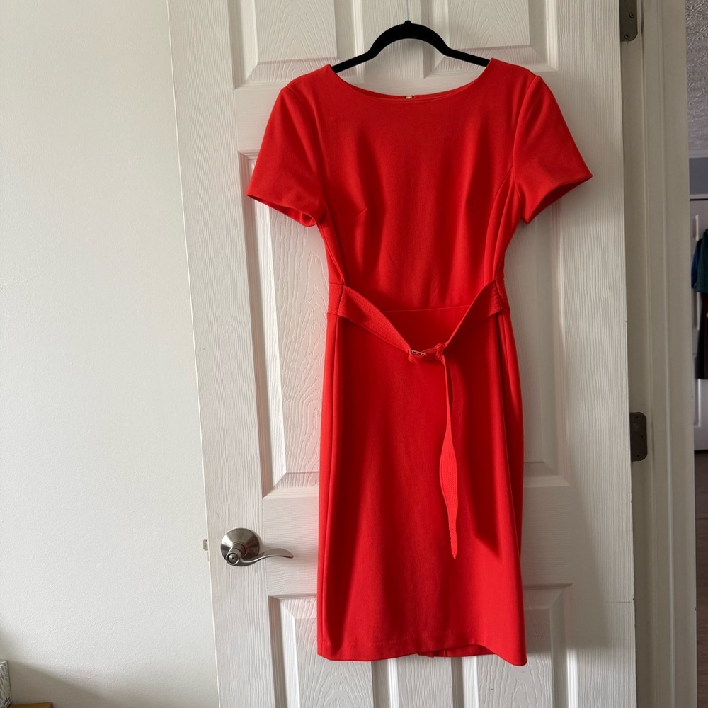 CALVIN KLEIN Red-Orange Belted Short Sleeve Sheath Dress